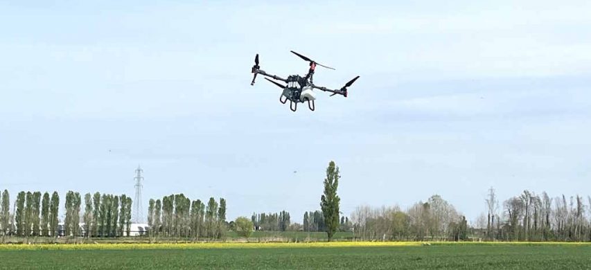 drone in volo su campo coltivato