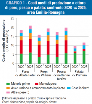 grafico costi medi di produzione a ettaro di pero pesco e patata confronto tra 2020 e 2025 area Emilia-Romagna